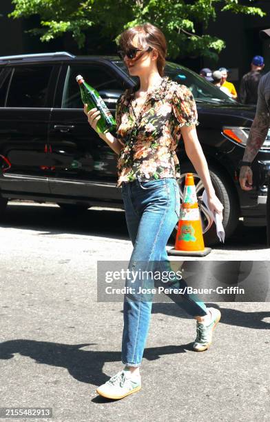 Dakota Johnson is seen on the movie set of the 'Materialists' in Times Square, Manhattan on June 04, 2024 in New York City.