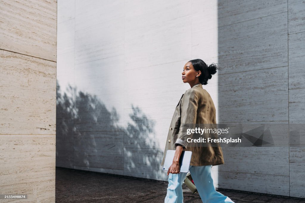 Selbstbewusste Geschäftsfrau, die mit Tablet im Freien spazieren geht