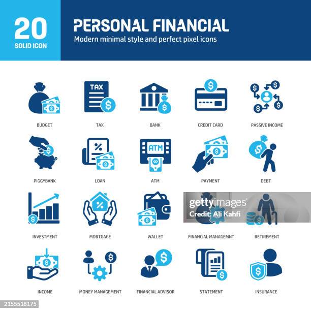 stockillustraties, clipart, cartoons en iconen met personal financial glyph solid icons. containing income, loan, debt, insurance, money solid icons collection. vector illustration. for website design, logo, app, template, ui, etc. - hypotheek