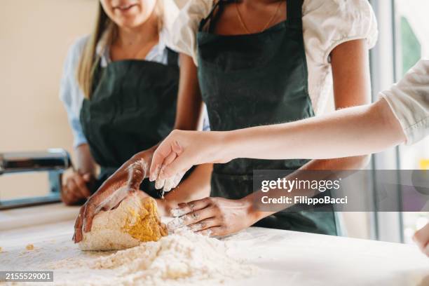 people are enjoying a cooking class to learn how to make homemade pasta - cooking class stock pictures, royalty-free photos & images