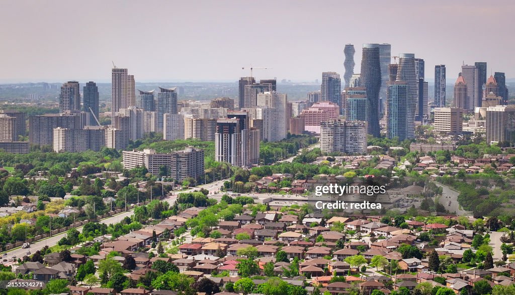 The springtime view of Mississauga's city center from high above, Canada.