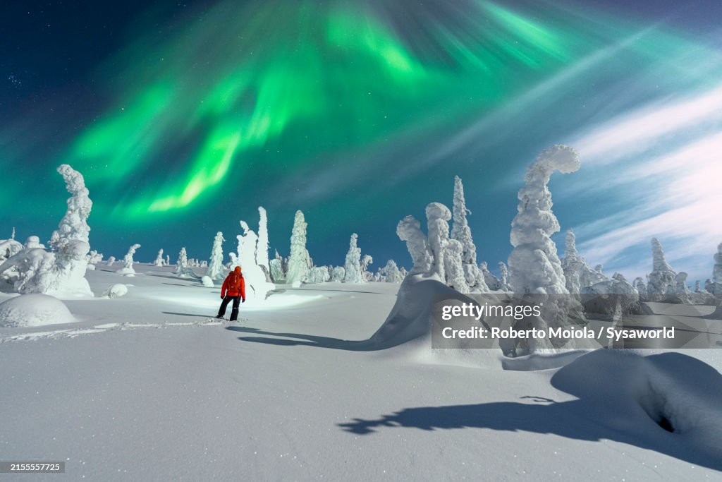 Man admiring the Northern Lights over ice sculptures