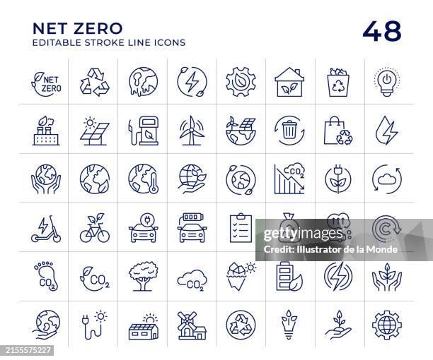 illustrazioni stock, clip art, cartoni animati e icone di tendenza di icone della linea net zero - cambiamenti climatici