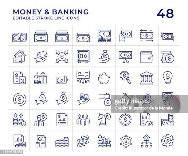 illustrations, cliparts, dessins animés et icônes de icônes de ligne monétaire et bancaire - illustration-au-trait-fin