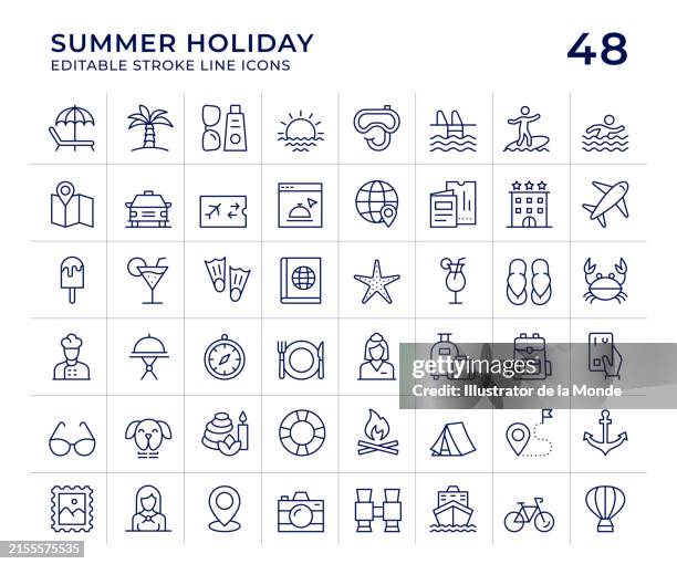 ilustraciones, imágenes clip art, dibujos animados e iconos de stock de iconos de la línea de vacaciones de verano - actividades recreativas