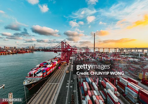 Sunset in Port of Container port in Hong Kong Sunset in Port of Container port in Hong Kong