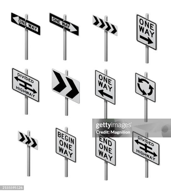 ilustraciones, imágenes clip art, dibujos animados e iconos de stock de icono de señal de tráfico de carretera unidireccional y dividido en blanco y negro, ilustración vectorial isométrica - stop sign pole