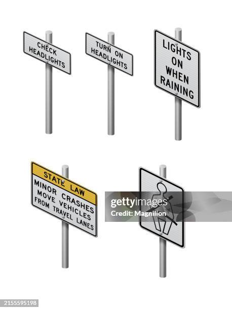 ilustraciones, imágenes clip art, dibujos animados e iconos de stock de faro delantero e instrucción de seguridad icono de señal de tráfico en blanco y negro, con ley estatal y recordatorios de seguridad, ilustración vectorial isométrica - stop sign pole