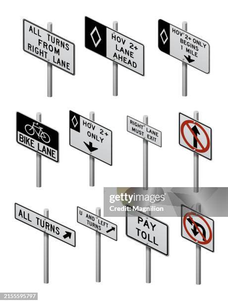 ilustraciones, imágenes clip art, dibujos animados e iconos de stock de icono de señal de tráfico de giro, hov y carril bici en blanco y negro, con uso de carril y normas de tráfico, ilustración vectorial isométrica - stop sign pole
