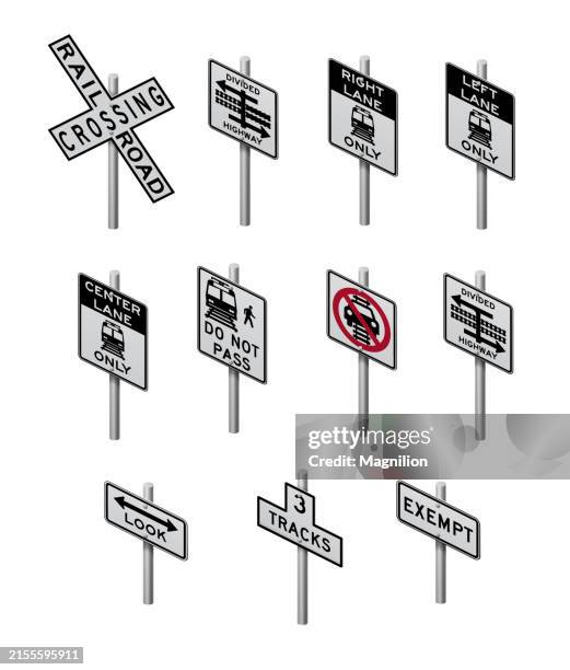 ilustraciones, imágenes clip art, dibujos animados e iconos de stock de cruce de ferrocarril e icono de señal de uso de carril en blanco y negro, con instrucciones de tráfico y seguridad, ilustración vectorial isométrica - stop sign pole