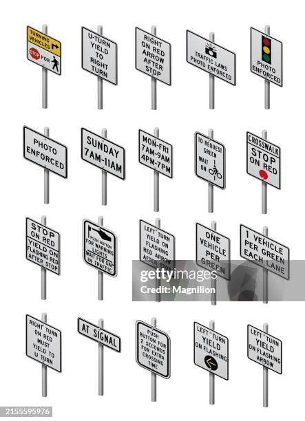 ilustraciones, imágenes clip art, dibujos animados e iconos de stock de conjunto de señales de tráfico e instrucciones de carretera en blanco y negro, con señales basadas en texto para conductores, ilustración vectorial isométrica - stop sign pole