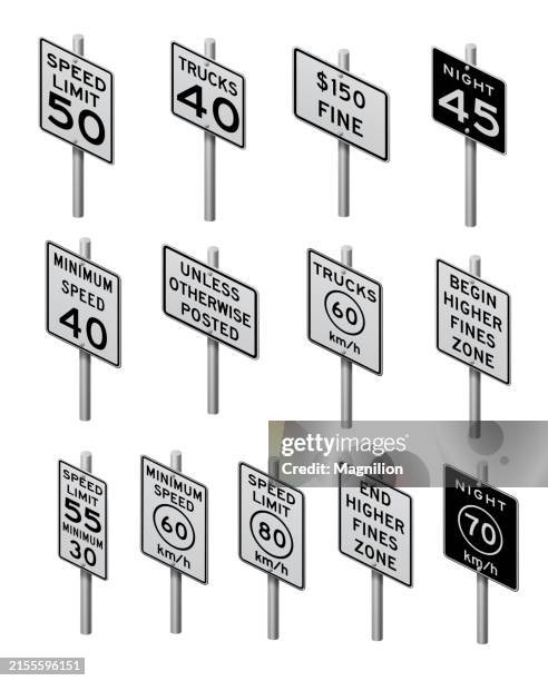ilustraciones, imágenes clip art, dibujos animados e iconos de stock de icono de señal de tráfico de zona de límite de velocidad y multas en blanco y negro, con regulaciones de velocidad y multas, ilustración vectorial isométrica - stop sign pole