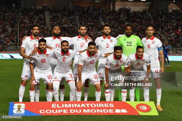 Tunisia's players pose ahead of the FIFA World Cup 2026, CAF qualifier football match between Tunisia and Equatorial Guinea at the Hammadi Agrebi...