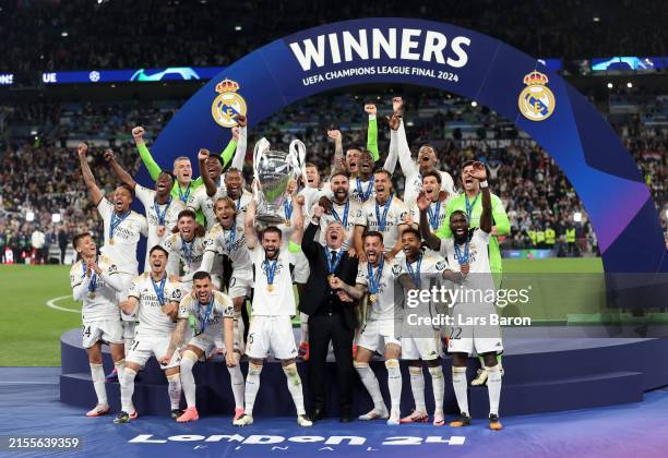 Nacho Fernandez of Real Madrid lifts the UEFA Champions League Trophy after his team's victory during the UEFA Champions League 2023/24 Final match...