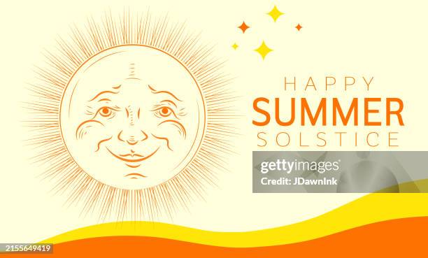 happy summer solstice june greeting with sun and sunrays web banner greeting design template - summer solstice stock illustrations