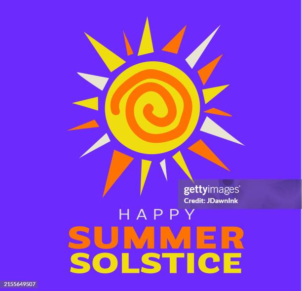 happy summer solstice june eclectic style greeting with sun and sunrays web banner greeting design template - summer solstice stock illustrations
