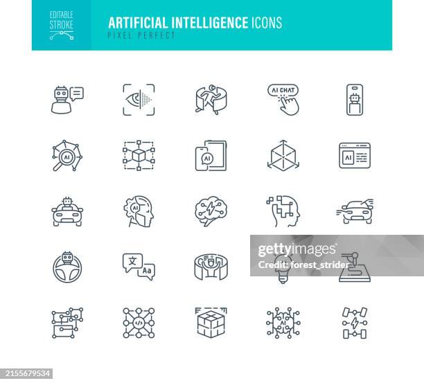 artificial intelligence icons editable stroke - binary code magnifying glass stock illustrations