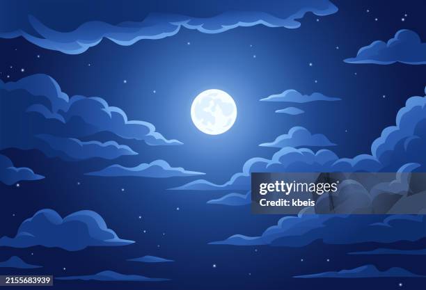 full moon in cloudy night sky - planetary moon stock illustrations