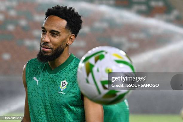 Gabon's striker Pierre-Emerick Aubameyang reacts during a training session at the Amadou Gon Coulibaly Stadium in Korhogo on June 6 on the eve of the...