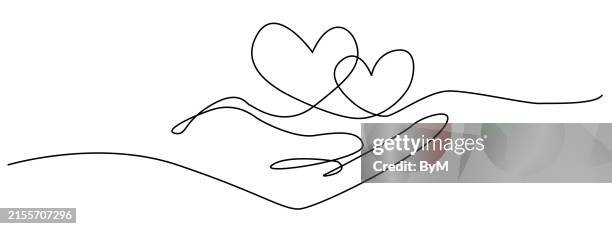 human arm holding two hearts line continuous drawn. continuous line drawing. hand hold two hearts in line style - continuous line drawing stock illustrations