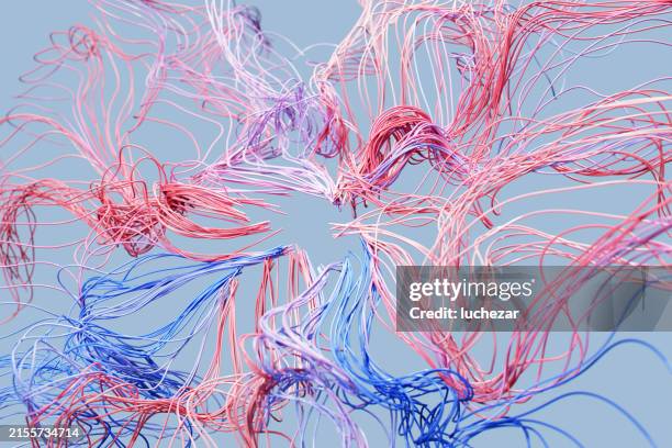 rendu 3d de fils rouges et bleus entrelacés dans l’air - fil de fer photos et images de collection
