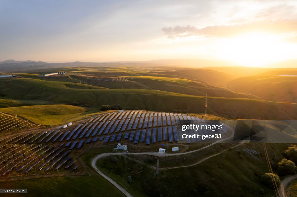 Aerial view of solar panel at sunset set