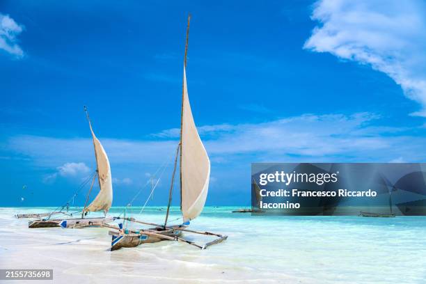 traditional sailing boat on the shore, zanzibar - dhow stock pictures, royalty-free photos & images