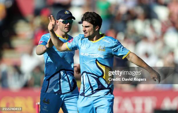 Jordan Thompson of the Yorkshire Vikings celebrates after taking the wicket of Sikandar Razaduring the T20 Vitality Blast match between...