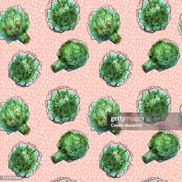 watercolor artichokes seamless background pattern - artichoke pattern stock illustrations