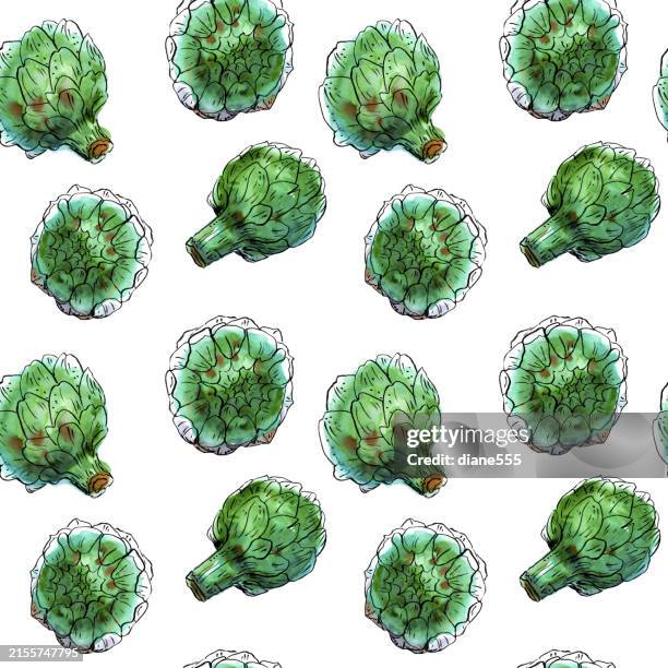 watercolor artichokes seamless background pattern - artichoke pattern stock illustrations