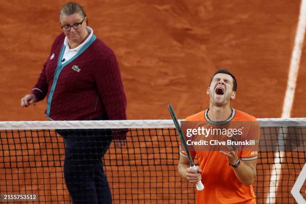 Hubert Hurkacz of Poland reacts after the ball was adjudged to be ruled out by the umpire during the Men's Singles Fourth Round match against Grigor...