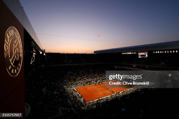 General view of Court Philippe-Chatrier during the Men's Singles Fourth Round match between Corentin Moutet of France and Jannik Sinner of Italy on...