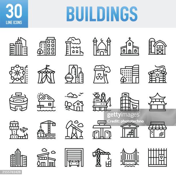 buildings - thin line vector icon set. pixel perfect. editable stroke. for mobile and web. the set contains icons: house, building exterior, construction industry, town hall - government building, hospital, city, hospital, church, mosque, garage, factory - modern house exterior view stock illustrations