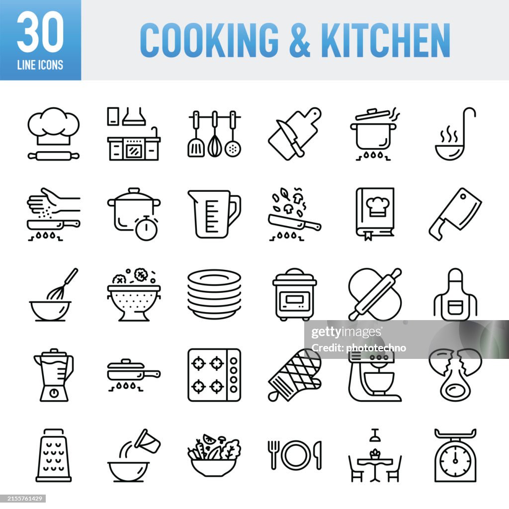 Kochen & Küche - Dünne Linie Vektor Symbol Set. Pixel perfekt. Für Mobilgeräte und Web. Das Set enthält Symbole: Küche, Lebensmittel, Kochpfanne, Bratpfanne, Backen, Multikocher, Küchenmesser, Koch, Hut, Schüssel, Haushaltsküche, Rührschüssel