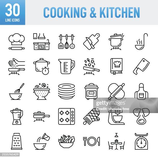 kochen & küche - dünne linie vektor symbol set. pixel perfekt. für mobilgeräte und web. das set enthält symbole: küche, lebensmittel, kochpfanne, bratpfanne, backen, multikocher, küchenmesser, koch, hut, schüssel, haushaltsküche, rührschüssel - kochmütze stock-grafiken, -clipart, -cartoons und -symbole