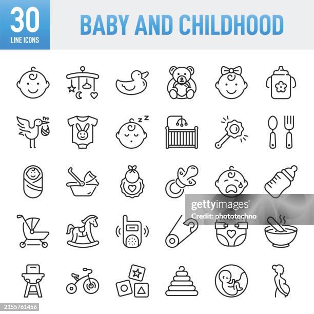 baby and childhood - thin line vector icon set. pixel perfect. for mobile and web. the set contains icons: baby - human age, baby girls, teddy bear, diaper, child, sleeping, child, child care, care, pacifier, childbirth, new life, diaper, pregnant - baby crying icon stock illustrations