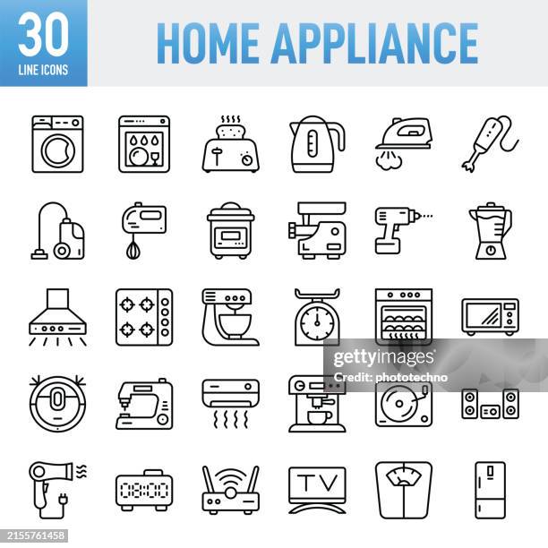 home apliance - thin line vector icon set. pixel perfect. for mobile and web. the set contains icons: appliance, kitchen, refrigerator, microwave, washing machine, dishwasher, oven, toaster - appliance, vacuum cleaner, kettle, coffee maker - ventilator machine stock illustrations