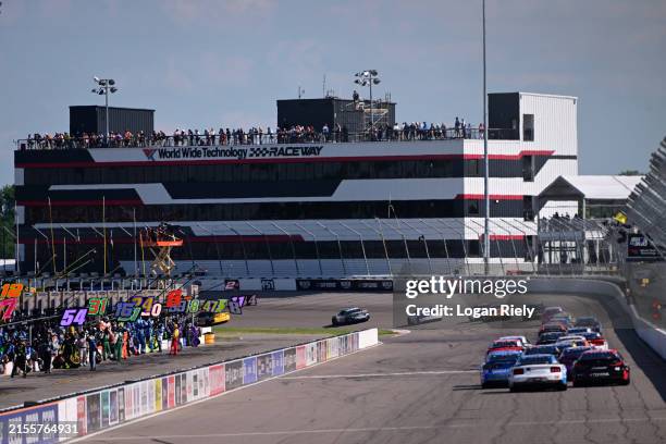 General view of racing under cation during the NASCAR Cup Series Enjoy Illinois 300 at WWT Raceway on June 02, 2024 in Madison, Illinois.