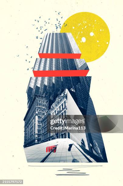 Collage of fragments of buildings. New York City Manhattan view with skyscrapers against sky. Collage, art design