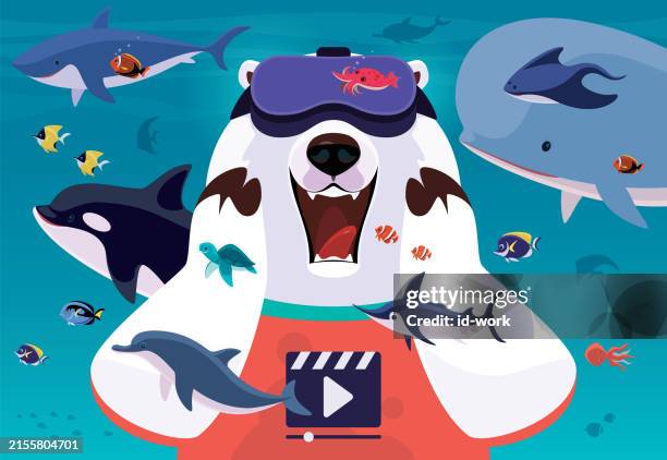 polar bear screaming while finding sea creatures with vr headset - dolphins communicating stock illustrations