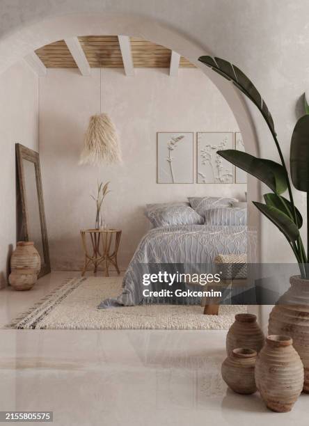 interni della camera da letto mediterranea della casa sulla spiaggia, rendering 3d. - arredamento foto e immagini stock