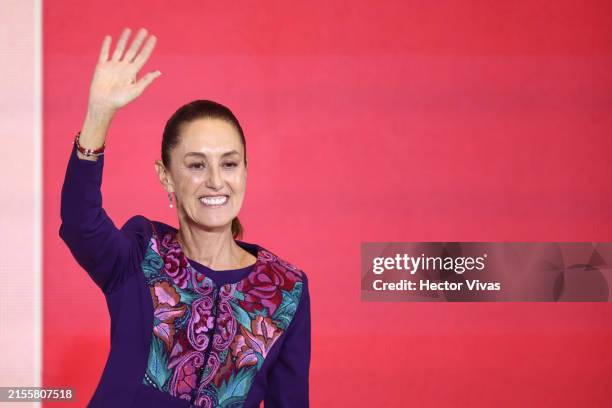 Presidential candidate Claudia Sheinbaum of ''Sigamos Haciendo Historia'' waves at supporters after the first results released by the election...