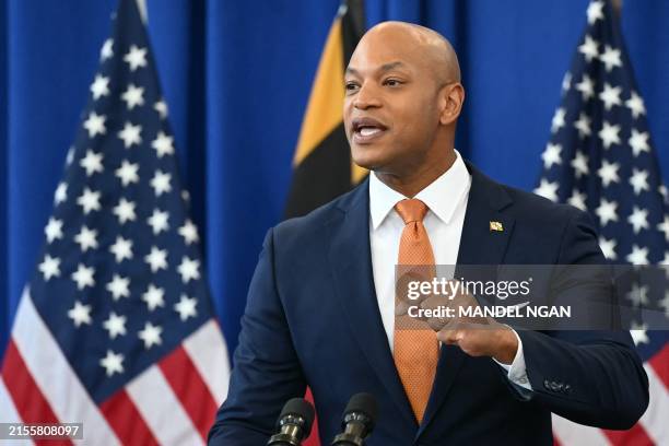 Maryland Governor Wes Moore speaks during a campaign event with US Vice President Kamala Harris, at the Kentland Community Center in Landover,...