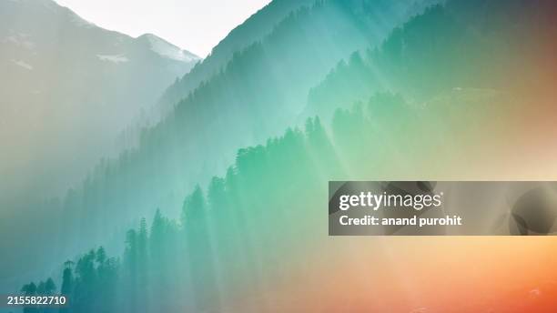 background abstract misty mountain range colourful wallpaper digital art gradient pastel dramatic backdrop - característica de la tierra fotografías e imágenes de stock