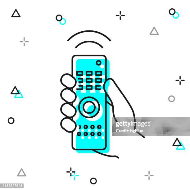 hand mit fernbedienung. liniensymbol auf weißem hintergrund - fernbedienung stock-grafiken, -clipart, -cartoons und -symbole