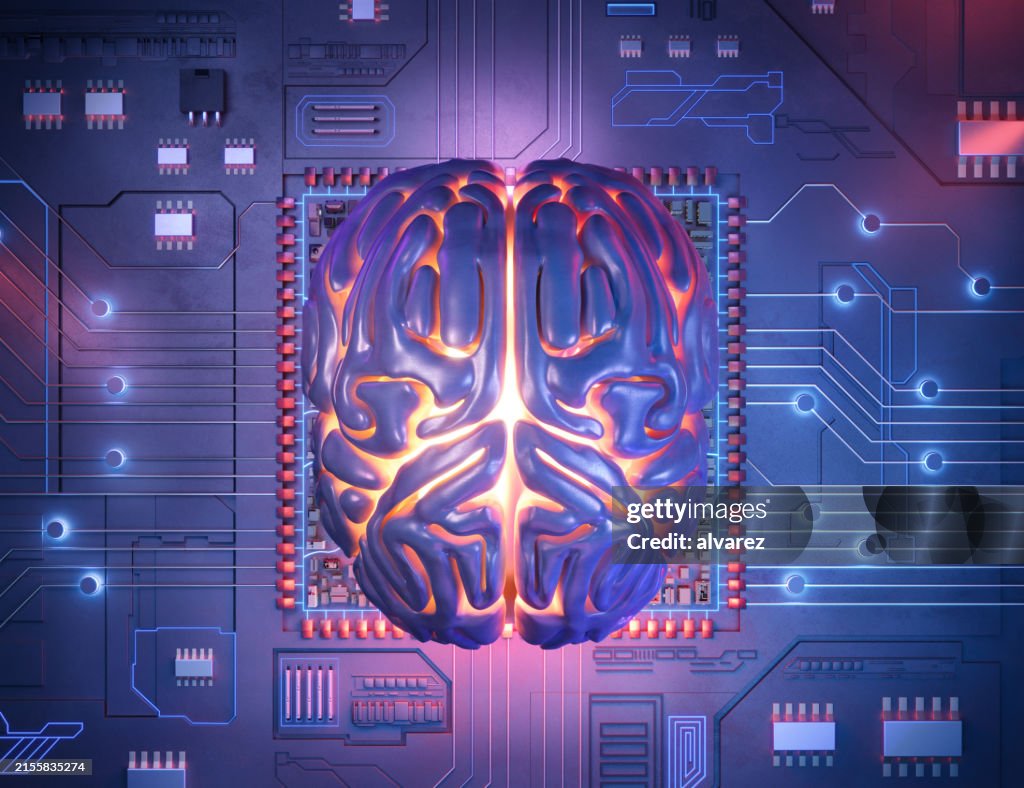 Digital erstelltes Bild des menschlichen Gehirns eingebettet in Mikrochip