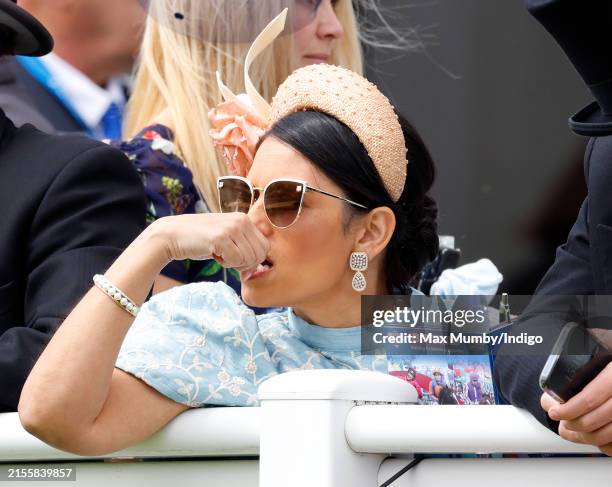 Former Home Secretary Dame Priti Patel watches the racing as she attends 'Derby Day' of the Betfred Derby Festival 2024 at Epsom Downs Racecourse on...