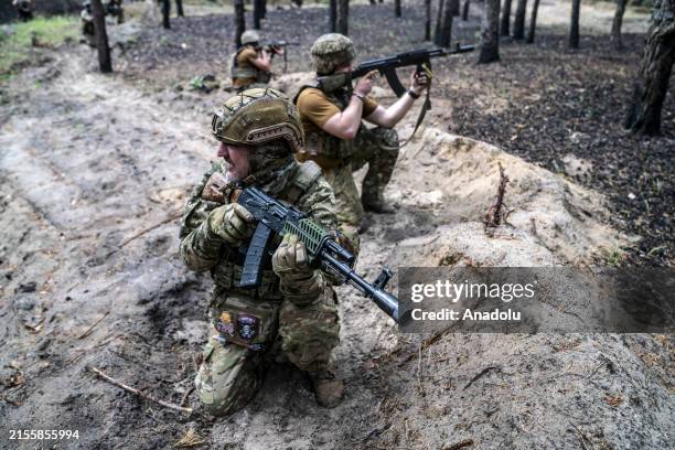 Ukrainian soldiers of the 43rd Infantry Brigade are seen during military training in the direction of the Ukrainian border, Kharkiv Oblast in...