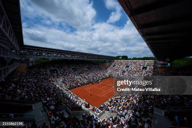 General view of Court Suzanne Lenglen during Men's Singles fourth round match between Alex De Minaur of Australia and Daniil Medvedev on Day Nine of...