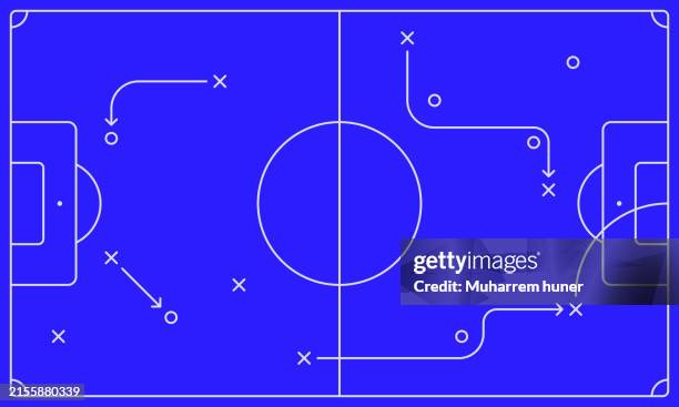 illustrations, cliparts, dessins animés et icônes de illustration vectorielle de planche de tactique de football. concept de football fond bleu. lignes vectorielles modifiables. - terrain de foot
